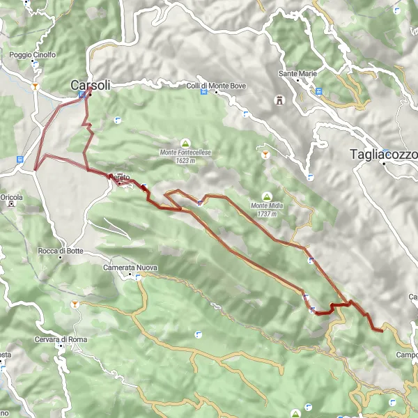 Map miniature of "Gravel Bliss: Explore Carsoli and Pereto" cycling inspiration in Abruzzo, Italy. Generated by Tarmacs.app cycling route planner