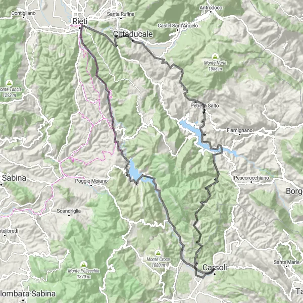 Miniature de la carte de l'inspiration cycliste "Évasion autour de Rieti" dans la Abruzzo, Italy. Générée par le planificateur d'itinéraire cycliste Tarmacs.app