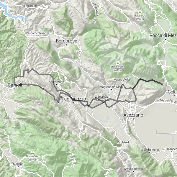 Map miniature of "Cycling the Mountains - From Carsoli to Tagliacozzo" cycling inspiration in Abruzzo, Italy. Generated by Tarmacs.app cycling route planner