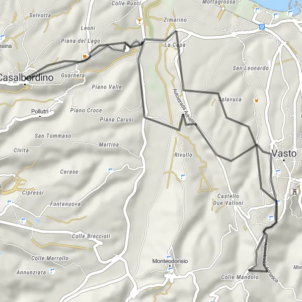 Miniatura della mappa di ispirazione al ciclismo "Brezza marina tra Palazzo Furii e Vasto" nella regione di Abruzzo, Italy. Generata da Tarmacs.app, pianificatore di rotte ciclistiche