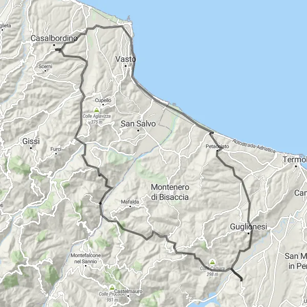 Miniatura della mappa di ispirazione al ciclismo "Panorami mozzafiato sulle colline Molisane" nella regione di Abruzzo, Italy. Generata da Tarmacs.app, pianificatore di rotte ciclistiche