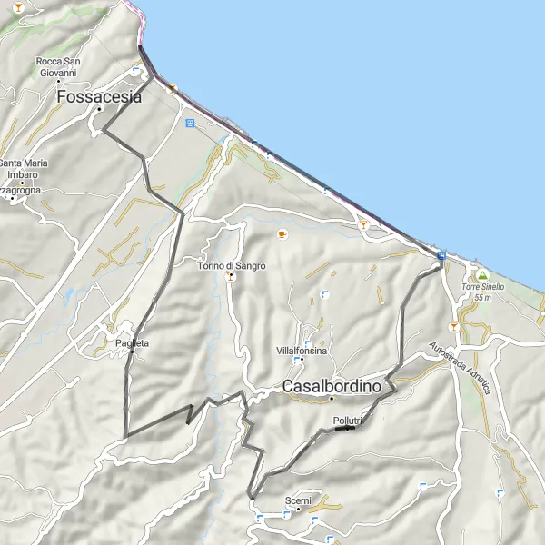 Map miniature of "Wine and Coastline" cycling inspiration in Abruzzo, Italy. Generated by Tarmacs.app cycling route planner