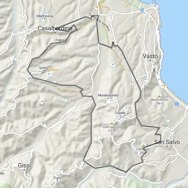 Map miniature of "Coastline and Hilltops" cycling inspiration in Abruzzo, Italy. Generated by Tarmacs.app cycling route planner