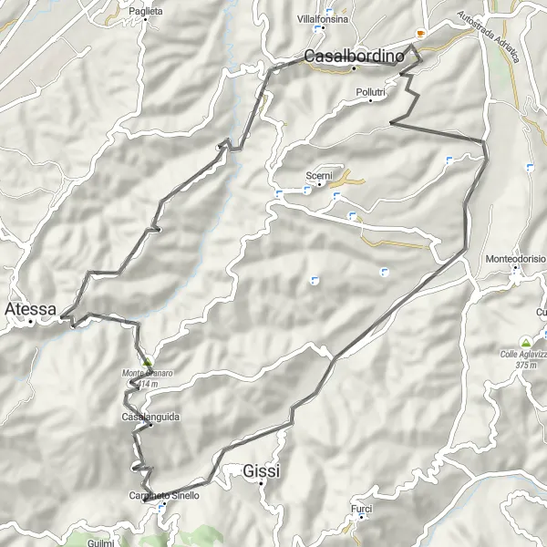 Miniature de la carte de l'inspiration cycliste "Tour des Collines de l'Abruzzo" dans la Abruzzo, Italy. Générée par le planificateur d'itinéraire cycliste Tarmacs.app