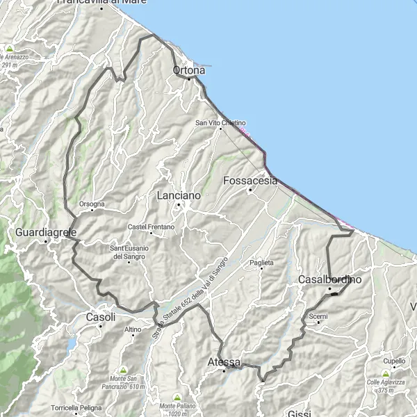 Miniature de la carte de l'inspiration cycliste "Tour de Abruzzo: Monte Granaro & Promontorio Dannunziano" dans la Abruzzo, Italy. Générée par le planificateur d'itinéraire cycliste Tarmacs.app
