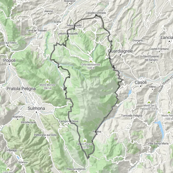Miniature de la carte de l'inspiration cycliste "Parcours plein de surprises" dans la Abruzzo, Italy. Générée par le planificateur d'itinéraire cycliste Tarmacs.app