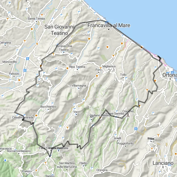 Miniatura mapy "Trasa przez Chieti, Belvedere Settiventi i Malandra Vecchia" - trasy rowerowej w Abruzzo, Italy. Wygenerowane przez planer tras rowerowych Tarmacs.app