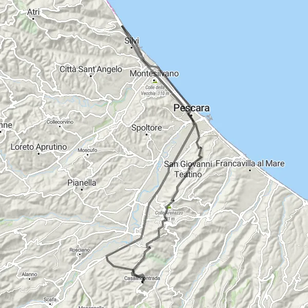 Miniature de la carte de l'inspiration cycliste "Randonnée tranquille à proximité de Casalincontrada" dans la Abruzzo, Italy. Générée par le planificateur d'itinéraire cycliste Tarmacs.app
