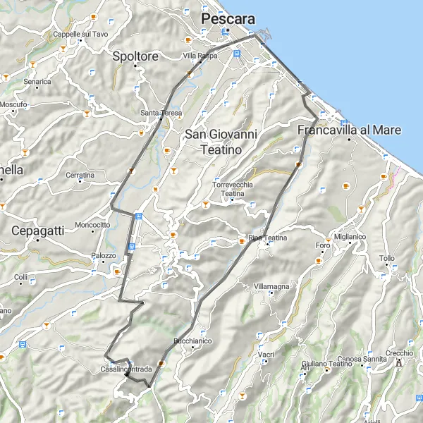 Miniature de la carte de l'inspiration cycliste "Parcours panoramique autour de Casalincontrada" dans la Abruzzo, Italy. Générée par le planificateur d'itinéraire cycliste Tarmacs.app