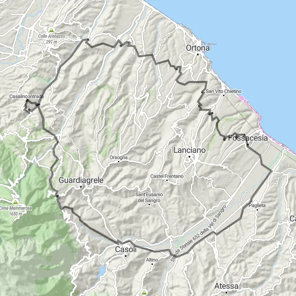 Miniature de la carte de l'inspiration cycliste "Parcours d'escalade épique autour de Casalincontrada" dans la Abruzzo, Italy. Générée par le planificateur d'itinéraire cycliste Tarmacs.app