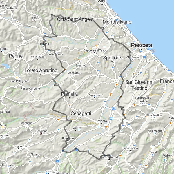 Miniatura della mappa di ispirazione al ciclismo "Verso le colline di Chieti" nella regione di Abruzzo, Italy. Generata da Tarmacs.app, pianificatore di rotte ciclistiche