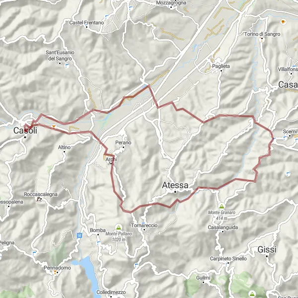 Miniatura della mappa di ispirazione al ciclismo "Ciclismo verso la bellezza naturale intorno a Casoli" nella regione di Abruzzo, Italy. Generata da Tarmacs.app, pianificatore di rotte ciclistiche