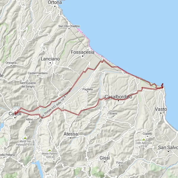 Miniatura della mappa di ispirazione al ciclismo "Tour in bicicletta gravel da Casoli a Casalbordino" nella regione di Abruzzo, Italy. Generata da Tarmacs.app, pianificatore di rotte ciclistiche