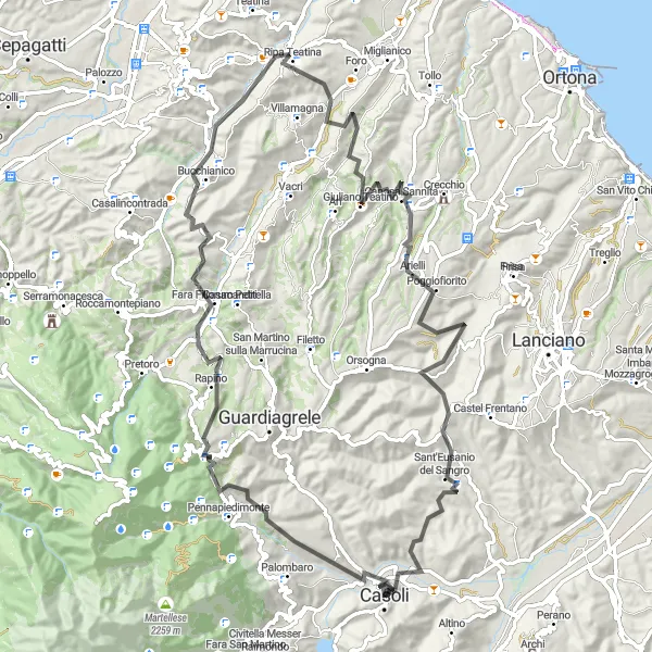 Miniature de la carte de l'inspiration cycliste "Les collines et les villages de l'intérieur en vélo de route" dans la Abruzzo, Italy. Générée par le planificateur d'itinéraire cycliste Tarmacs.app