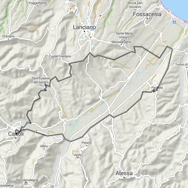 Miniatuurkaart van de fietsinspiratie "De Casoli naar Paglieta Route" in Abruzzo, Italy. Gemaakt door de Tarmacs.app fietsrouteplanner