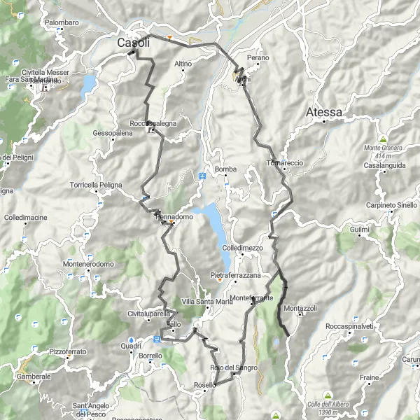 Miniatura della mappa di ispirazione al ciclismo "Giro in bicicletta da Archi a Casoli" nella regione di Abruzzo, Italy. Generata da Tarmacs.app, pianificatore di rotte ciclistiche