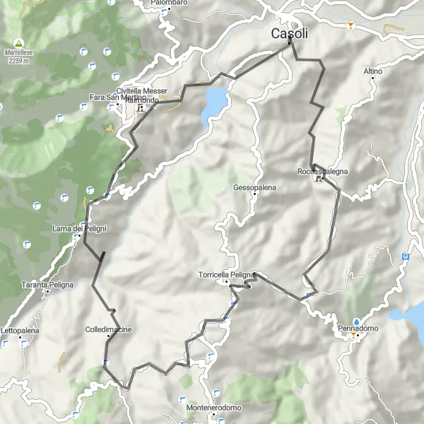 Miniatura della mappa di ispirazione al ciclismo "Giro in bici intorno a Casoli" nella regione di Abruzzo, Italy. Generata da Tarmacs.app, pianificatore di rotte ciclistiche