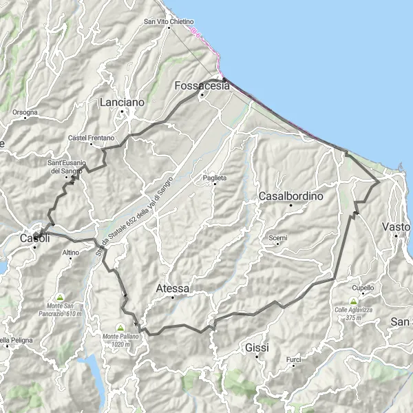 Miniatura della mappa di ispirazione al ciclismo "Avventura in sella nei dintorni di Casoli" nella regione di Abruzzo, Italy. Generata da Tarmacs.app, pianificatore di rotte ciclistiche