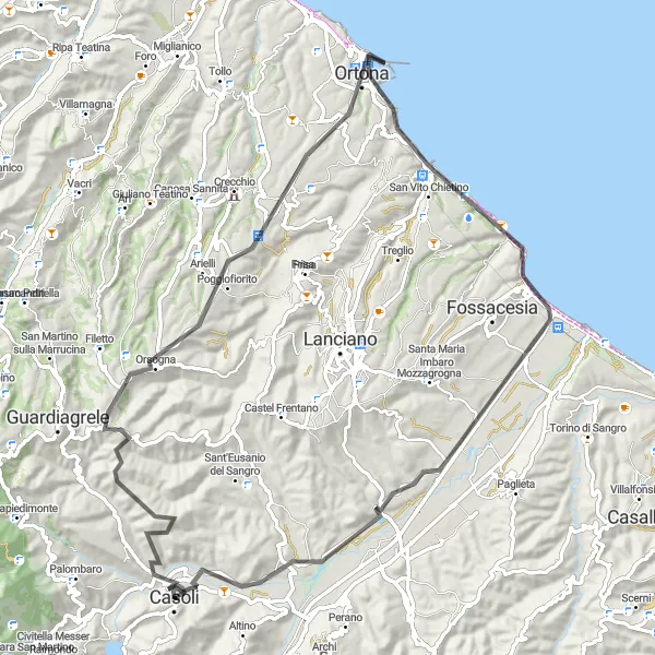 Map miniature of "Coastal Delights" cycling inspiration in Abruzzo, Italy. Generated by Tarmacs.app cycling route planner