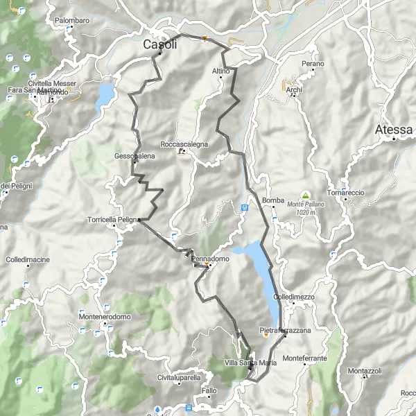 Map miniature of "Casoli and Monte Cannone" cycling inspiration in Abruzzo, Italy. Generated by Tarmacs.app cycling route planner