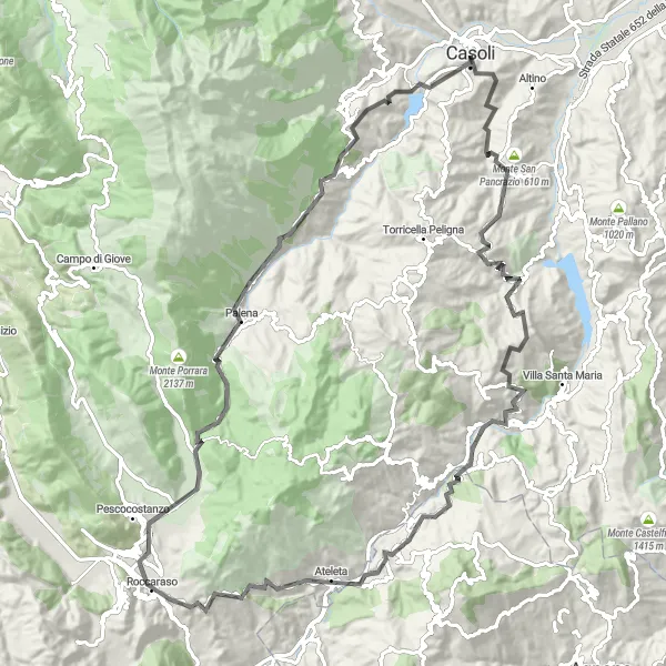 Map miniature of "Roccascalegna and Roccaraso" cycling inspiration in Abruzzo, Italy. Generated by Tarmacs.app cycling route planner