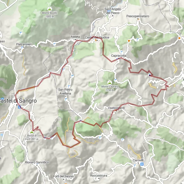 Miniature de la carte de l'inspiration cycliste "Les montagnes de l'Apennin en Gravel" dans la Abruzzo, Italy. Générée par le planificateur d'itinéraire cycliste Tarmacs.app