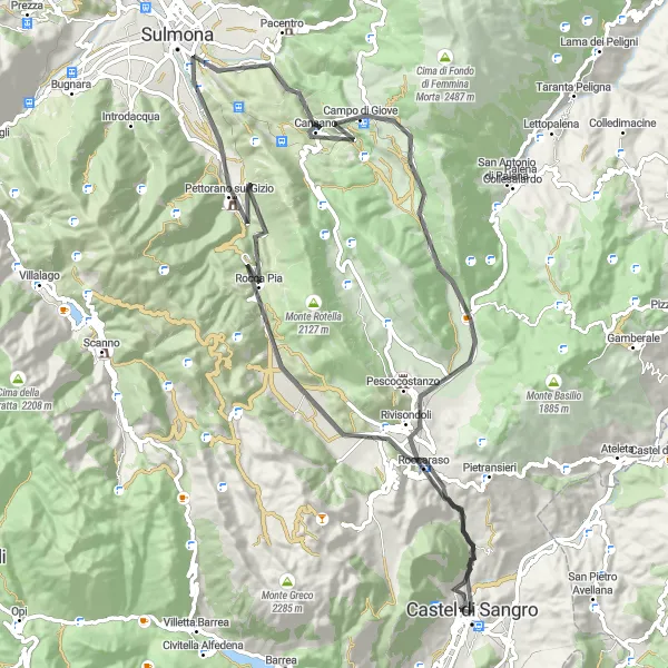 Miniatura della mappa di ispirazione al ciclismo "Tra Monti e Borghi" nella regione di Abruzzo, Italy. Generata da Tarmacs.app, pianificatore di rotte ciclistiche