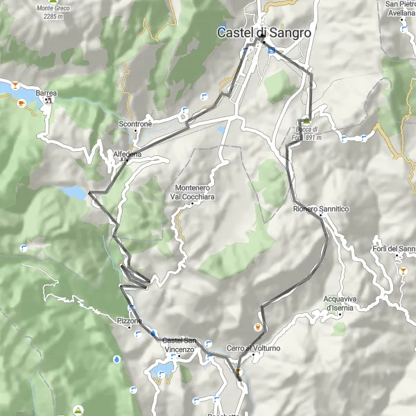 Miniatura della mappa di ispirazione al ciclismo "Scoperta della Montagnola in bicicletta" nella regione di Abruzzo, Italy. Generata da Tarmacs.app, pianificatore di rotte ciclistiche