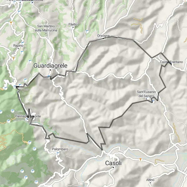 Map miniature of "Charming Villages Ride" cycling inspiration in Abruzzo, Italy. Generated by Tarmacs.app cycling route planner