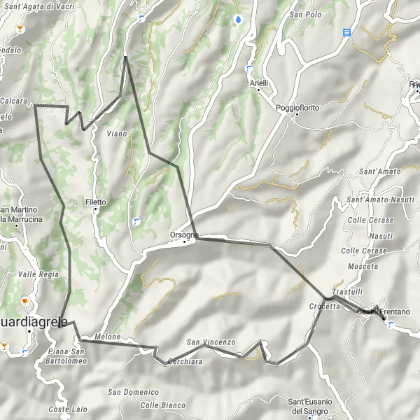 Miniatura della mappa di ispirazione al ciclismo "Tra Colline e Borghi Medievali" nella regione di Abruzzo, Italy. Generata da Tarmacs.app, pianificatore di rotte ciclistiche