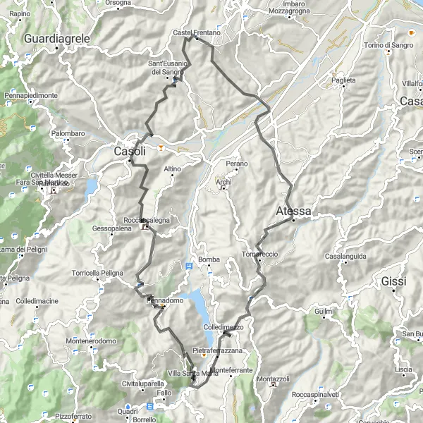 Miniatuurkaart van de fietsinspiratie "Avontuur in de bergen van Abruzzo" in Abruzzo, Italy. Gemaakt door de Tarmacs.app fietsrouteplanner