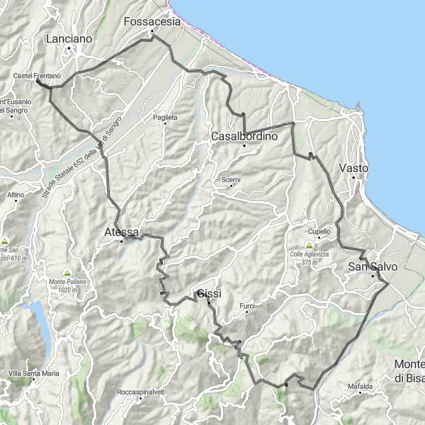 Miniatura della mappa di ispirazione al ciclismo "Tour della Majella" nella regione di Abruzzo, Italy. Generata da Tarmacs.app, pianificatore di rotte ciclistiche