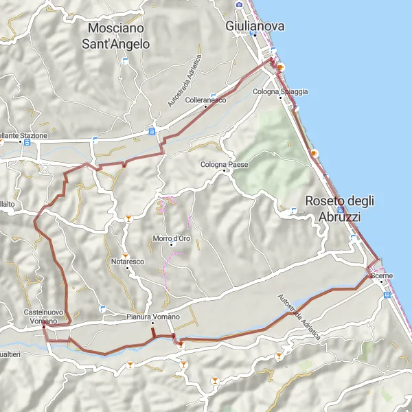 Miniature de la carte de l'inspiration cycliste "Aventure gravel à travers Colleranesco et Roseto degli Abruzzi" dans la Abruzzo, Italy. Générée par le planificateur d'itinéraire cycliste Tarmacs.app