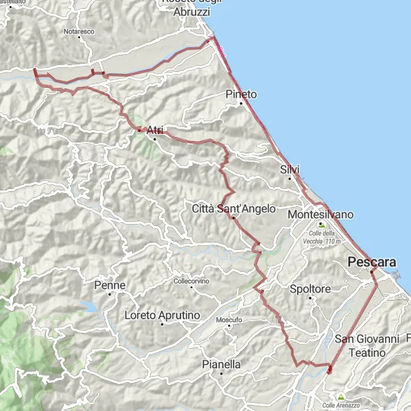 Map miniature of "The Vomano Plain Gravel Adventure" cycling inspiration in Abruzzo, Italy. Generated by Tarmacs.app cycling route planner