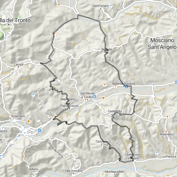 Miniature de la carte de l'inspiration cycliste "La boucle de Canzano" dans la Abruzzo, Italy. Générée par le planificateur d'itinéraire cycliste Tarmacs.app