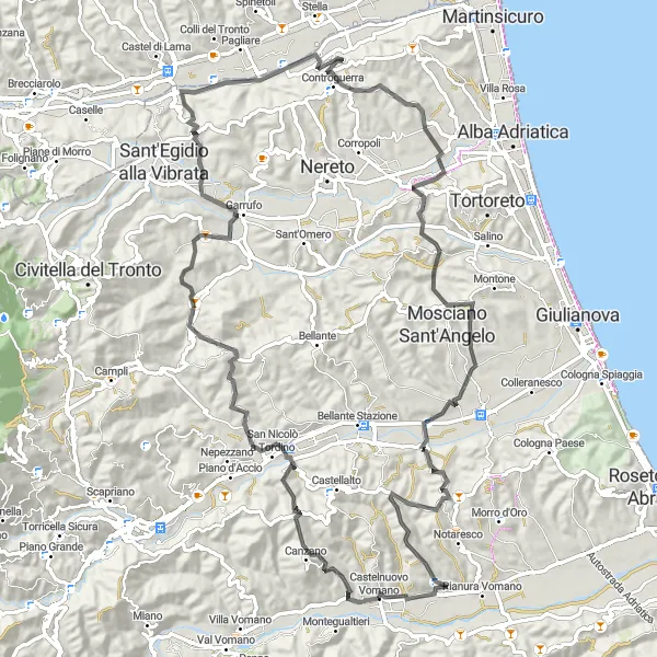 Miniature de la carte de l'inspiration cycliste "Le grand tour de Mosciano Sant'Angelo" dans la Abruzzo, Italy. Générée par le planificateur d'itinéraire cycliste Tarmacs.app
