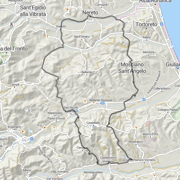 Miniature de la carte de l'inspiration cycliste "Découverte de la campagne d'Abruzzo en vélo" dans la Abruzzo, Italy. Générée par le planificateur d'itinéraire cycliste Tarmacs.app
