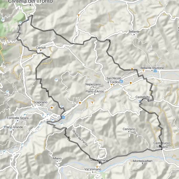 Map miniature of "Castelnuovo Vomano and Surroundings" cycling inspiration in Abruzzo, Italy. Generated by Tarmacs.app cycling route planner