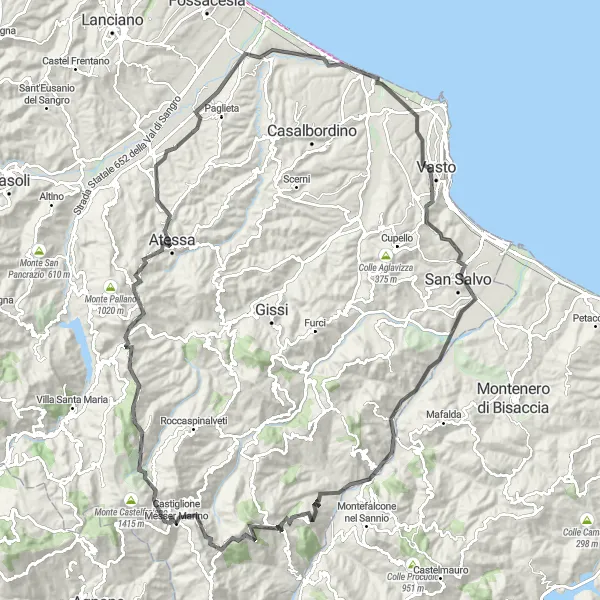 Map miniature of "Coastal and Countryside Loop" cycling inspiration in Abruzzo, Italy. Generated by Tarmacs.app cycling route planner