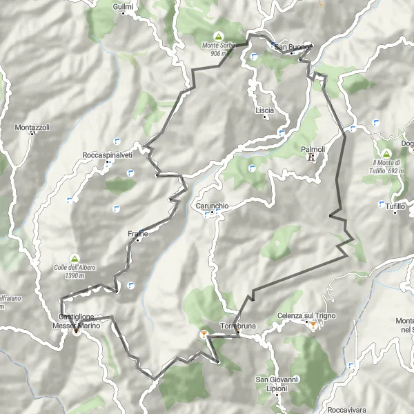 Miniatura mapy "Trasa rowerowa przez Monte Sorbo i Fisca Castellari" - trasy rowerowej w Abruzzo, Italy. Wygenerowane przez planer tras rowerowych Tarmacs.app