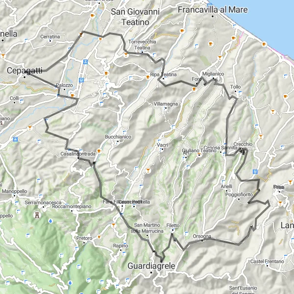 Karten-Miniaturansicht der Radinspiration "Hügelige Straßen und malerische Dörfer" in Abruzzo, Italy. Erstellt vom Tarmacs.app-Routenplaner für Radtouren