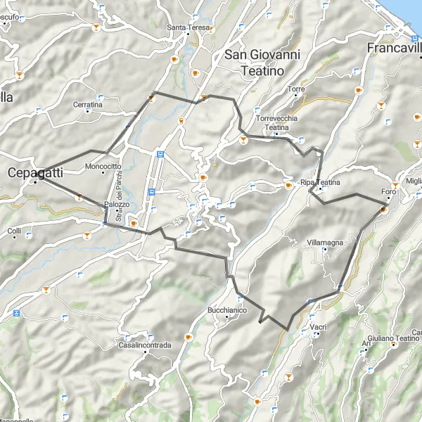 Miniatura della mappa di ispirazione al ciclismo "Itinerario ciclistico da Cepagatti a Vallemare" nella regione di Abruzzo, Italy. Generata da Tarmacs.app, pianificatore di rotte ciclistiche
