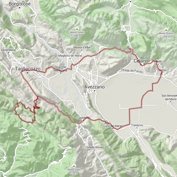 Miniature de la carte de l'inspiration cycliste "Circuit autour de Cerchio et ses environs" dans la Abruzzo, Italy. Générée par le planificateur d'itinéraire cycliste Tarmacs.app