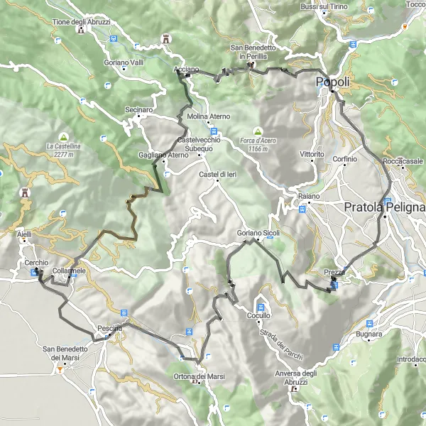 Miniatura della mappa di ispirazione al ciclismo "Giro in bicicletta da Cerchio attraverso Borghi medievali" nella regione di Abruzzo, Italy. Generata da Tarmacs.app, pianificatore di rotte ciclistiche