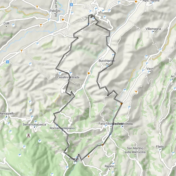 Miniatura della mappa di ispirazione al ciclismo "Avventura ciclistica tra Bucchianico e la Ruina della Biblioteca De Meis" nella regione di Abruzzo, Italy. Generata da Tarmacs.app, pianificatore di rotte ciclistiche