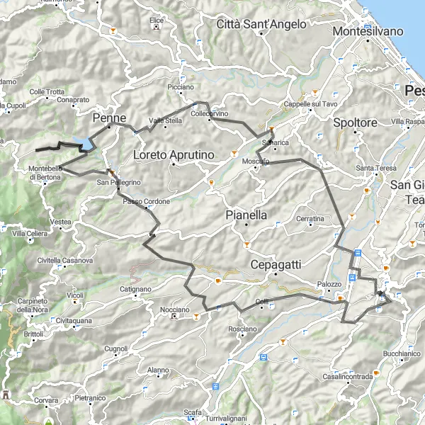 Miniature de la carte de l'inspiration cycliste "Tour de Collines autour de Chieti" dans la Abruzzo, Italy. Générée par le planificateur d'itinéraire cycliste Tarmacs.app