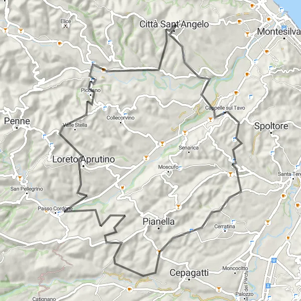 Miniature de la carte de l'inspiration cycliste "Itinéraire cycliste de 68 km autour de Città Sant'Angelo" dans la Abruzzo, Italy. Générée par le planificateur d'itinéraire cycliste Tarmacs.app