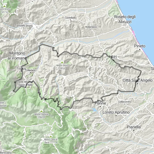 Miniature de la carte de l'inspiration cycliste "L'Escapade des Sommets Abruzzais" dans la Abruzzo, Italy. Générée par le planificateur d'itinéraire cycliste Tarmacs.app