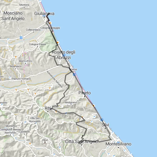Miniature de la carte de l'inspiration cycliste "Route de 90 km autour de Città Sant'Angelo" dans la Abruzzo, Italy. Générée par le planificateur d'itinéraire cycliste Tarmacs.app