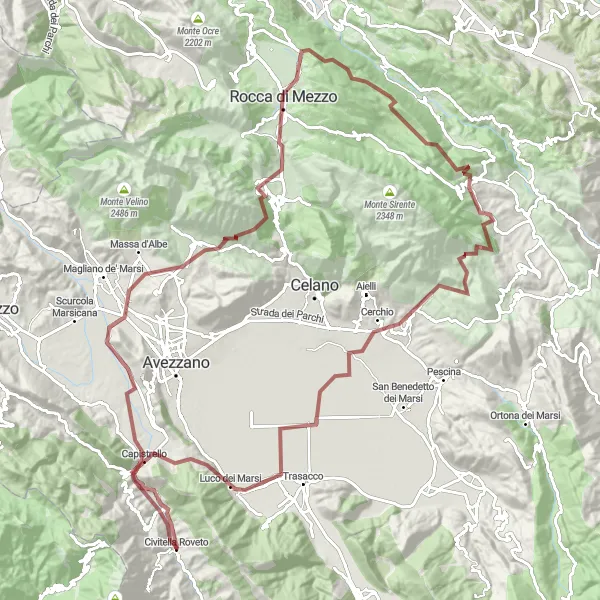 Miniatura della mappa di ispirazione al ciclismo "Grande avventura in bicicletta attraverso le montagne abruzzesi" nella regione di Abruzzo, Italy. Generata da Tarmacs.app, pianificatore di rotte ciclistiche